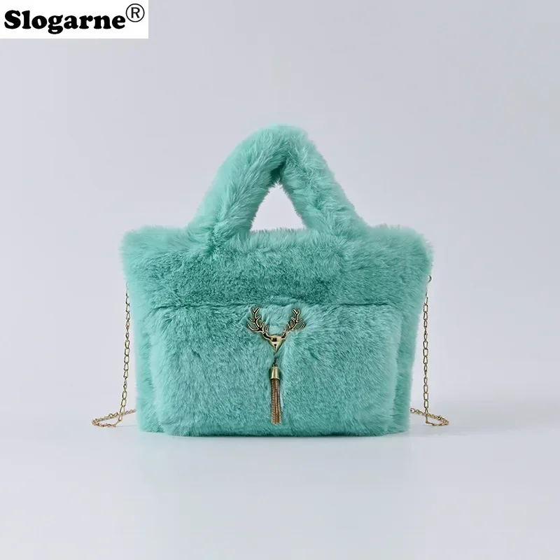 New Women\'s Faux Rabbit Fur Handbag Plush Shoulder Bag Girls Casual Crossbody Bag Fashion Large Capacity Bag Furry Handle Bags