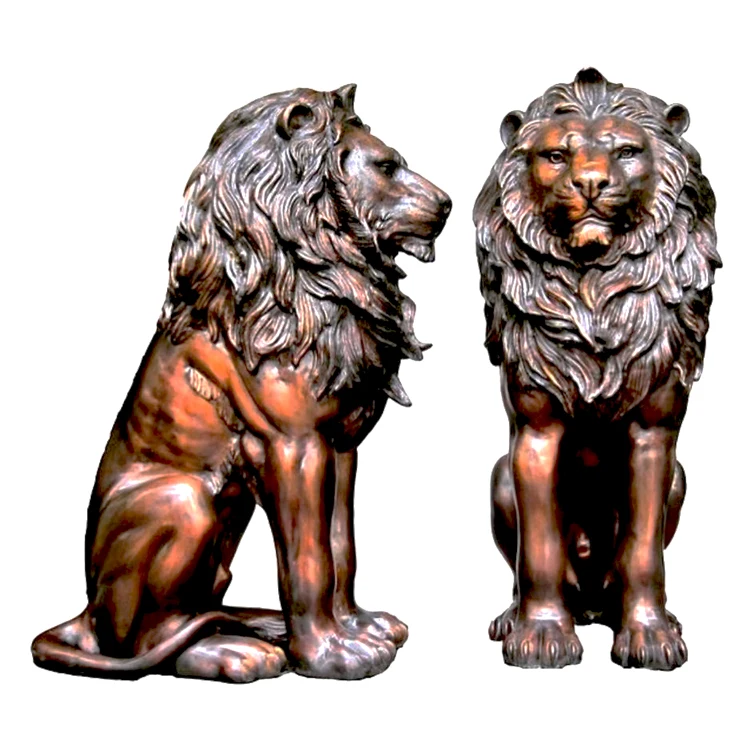 Antique Metal Craft Casting Life Size Bronze Pair of Lion Sculpture Statue