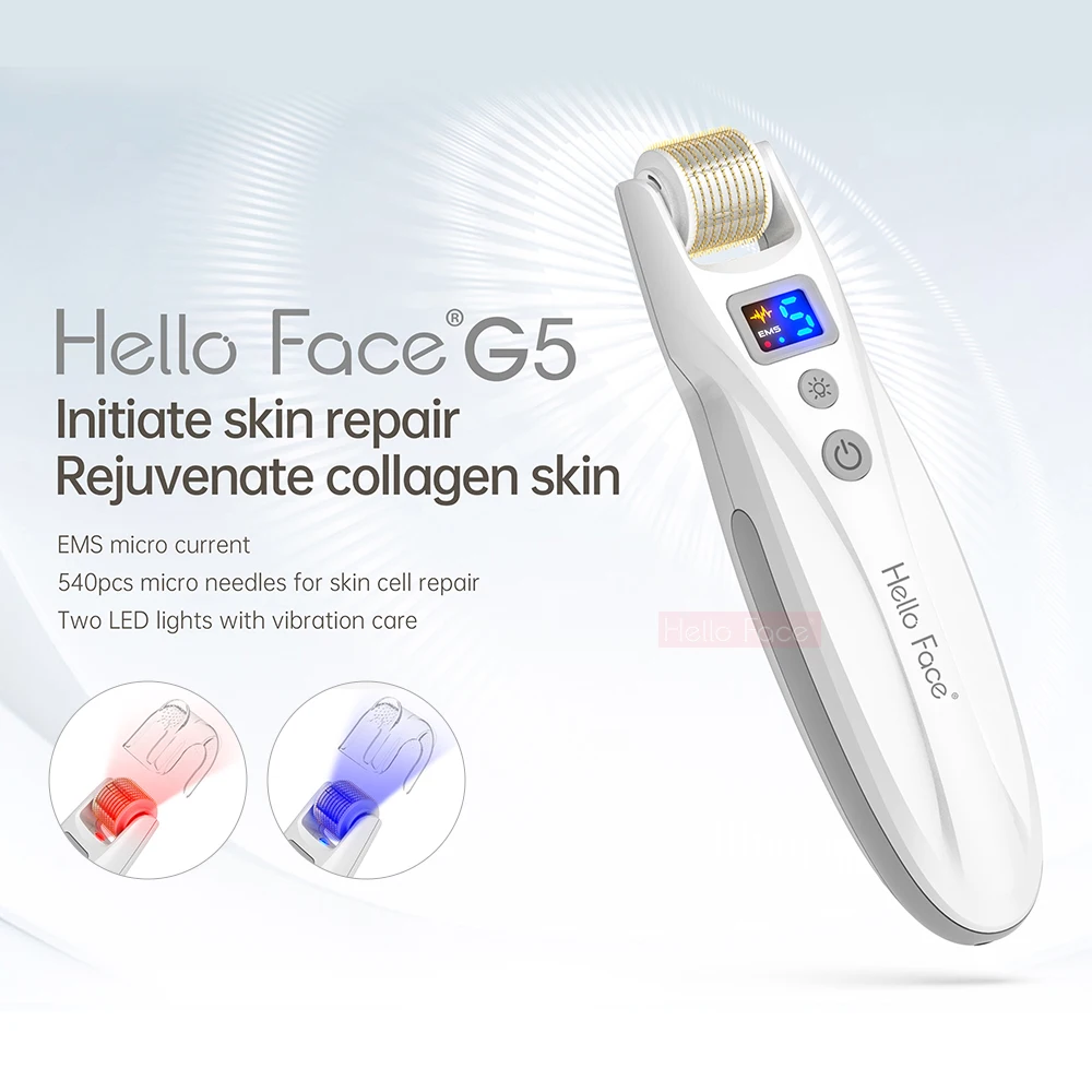 Hello Face Derma Roller G5, микроизолирующая титановая роликовая головка, 540 дюйма, фотоэлектрический массажер, инструмент для роста волос и бороды