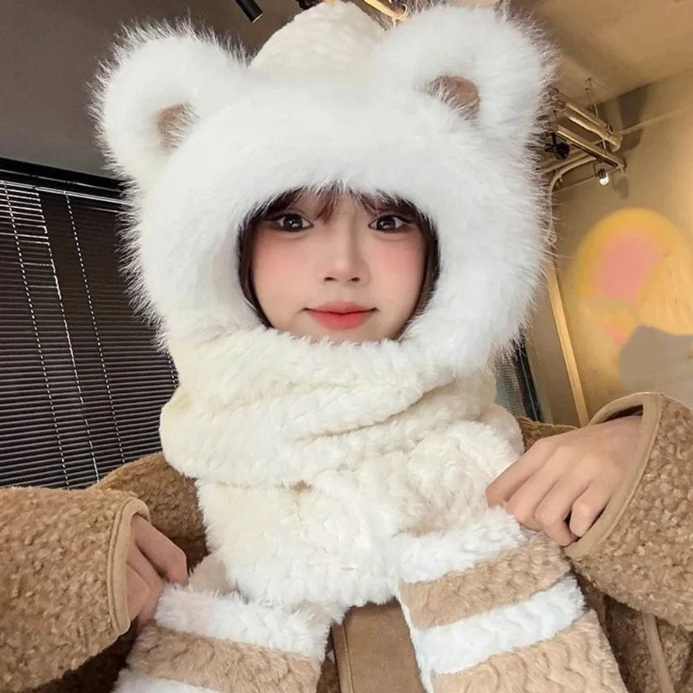 高価値ベアープロテクションハット厚みのあるデザインソフト一体型キャップ手袋スカーフスイートプルオーバー耳保護帽子