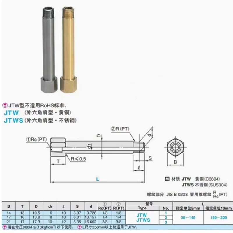 2PCS JTWS 304 Stainless Steel Cooling Water Connector Pipe Extended Nozzle for Injection Mold Machine Water Cooling System
