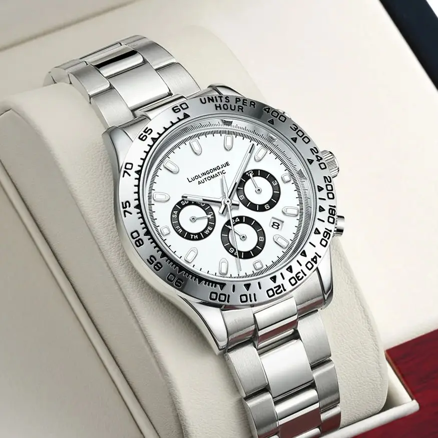 

High-End Business Ice Blue Meteorite Three-Eye Six-Hand Multifunctional Fully Automatic Mechanical Watch for Men, Skeleton Design, Stainless Steel Strap, Round Dial, Fashionable Business Casual Style Trendy Men's Watch, Ideal Gift for Boyfriend