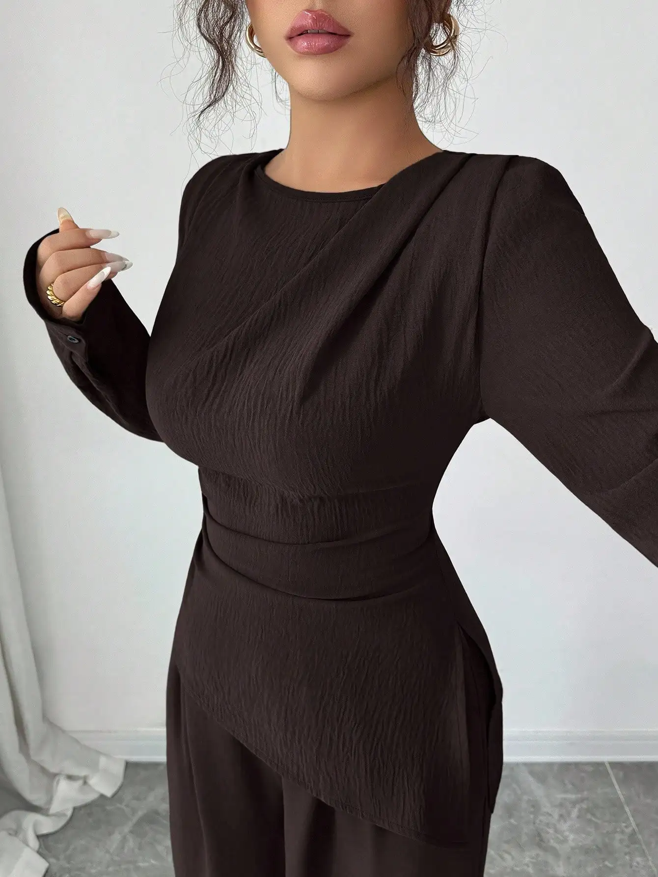 

Brown Solid Asymmetrical Hem Long Sleeve Two Piece Set Women Elegant Wide Leg Pants Outfit