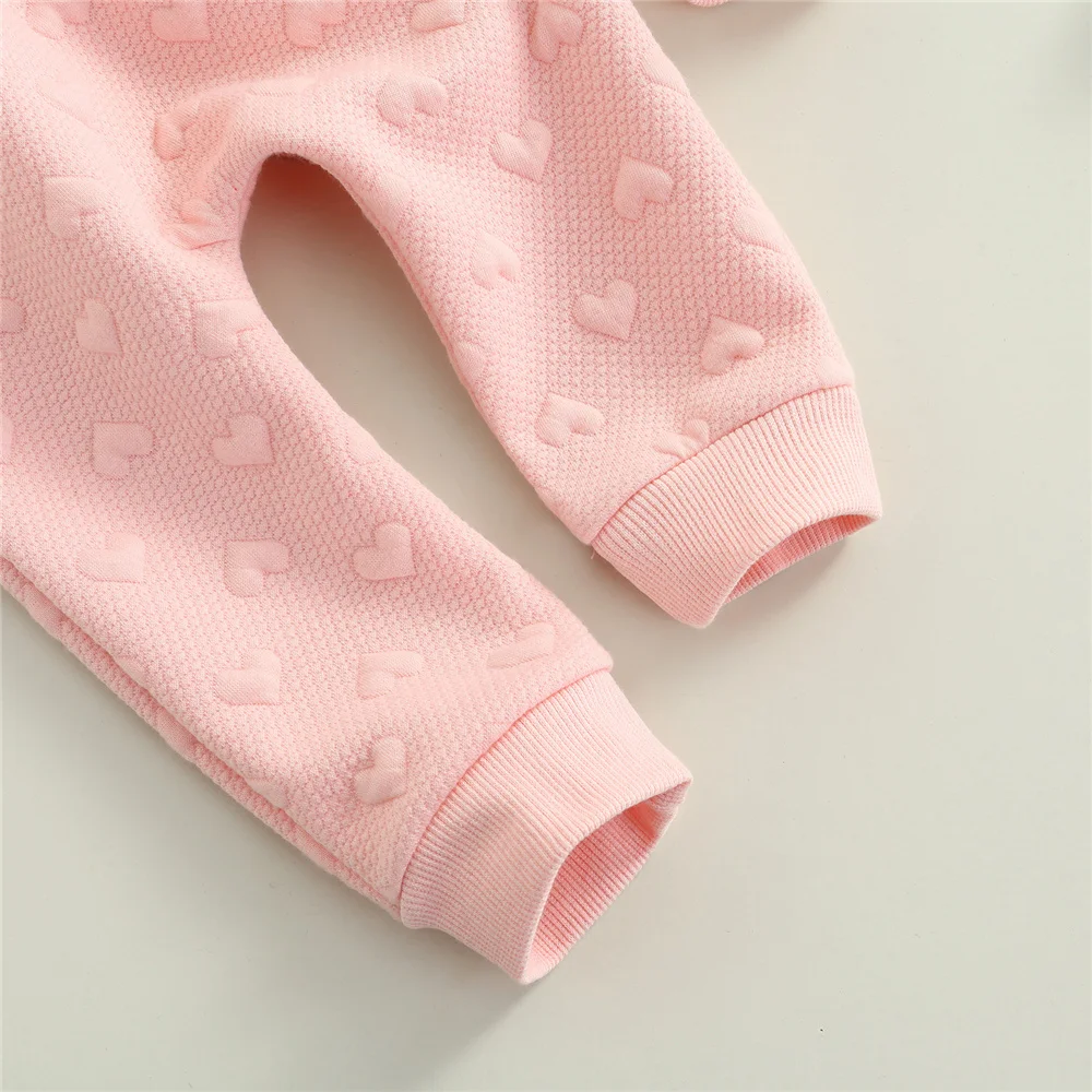 0-24Months Newborn Baby Girls Clothes Set Cute Pink Heart Print Ruffle Long Sleeve Tops Solid Color Front Bowknot Trousers