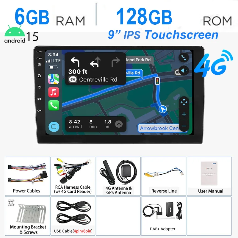 ESSGOO 7 "/9"/10 "Android15 8-Core 6 + 128G Autoradio Draadloos Carplay GPS Navi BT AM FM RDS WIFI QLED Touchscreen 4G LTE SWC 2 DIN