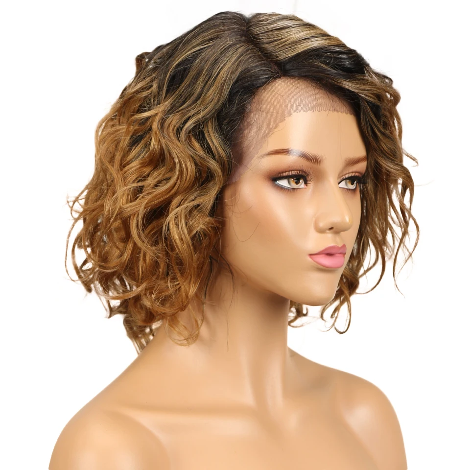 Lekker Short Wavy Bob Human Hair Lace Wig For Women Brazilian Remy Hair Glueless Ombre Gold Blonde Curly Colored Ready Wear Wigs