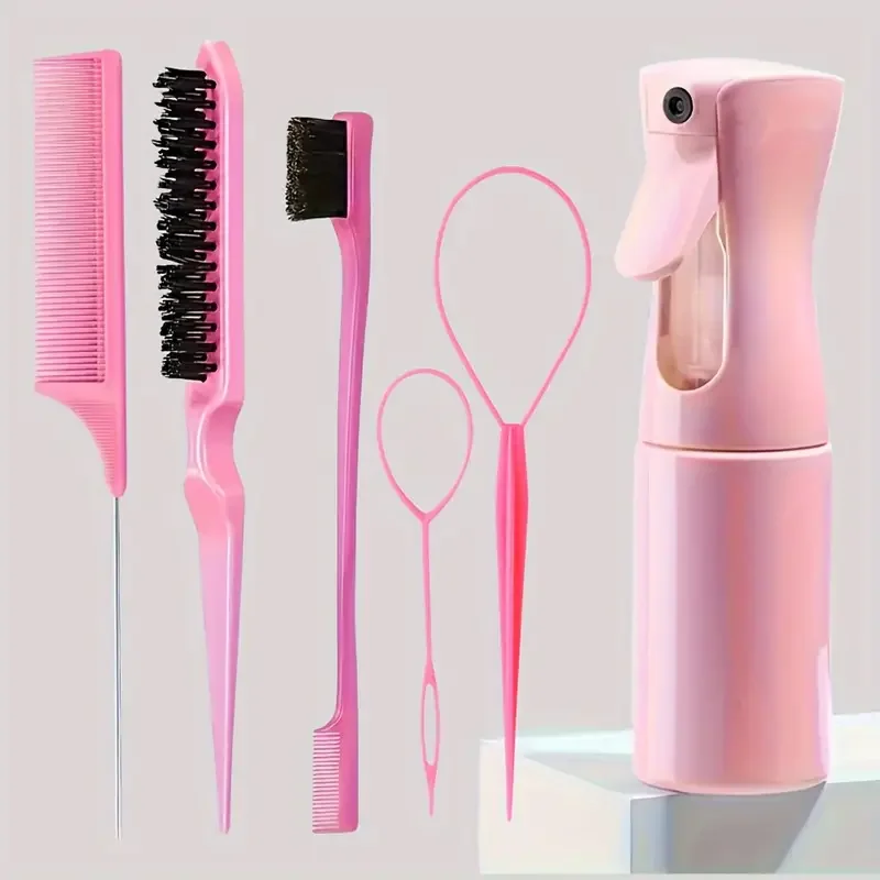 

6-piece hair styling tool set, including hair spray bottle, hair curling ring, rat-tail comb, volumizing comb, edge control comb