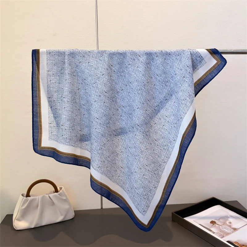Women 70x70cm Tweed Texture Square Scarf Luxury Blue Border Print Soft Bandana Elegant Neck Wrap Head Scarf Multi-use Bag Shawl