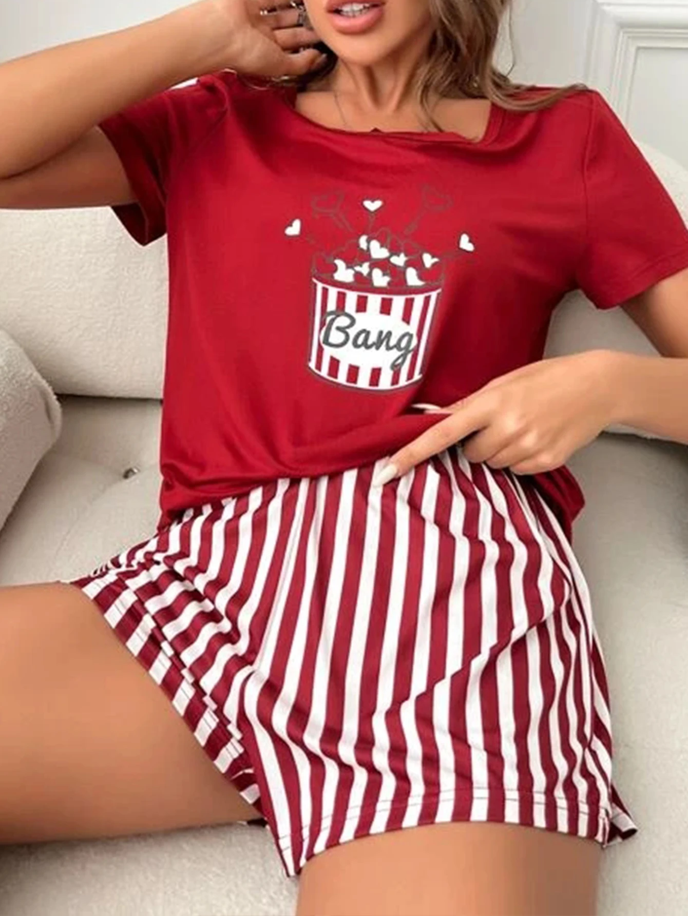 Women Pajamas Set Sleepwear Summer Popcorn Print Short Sleeve Round Neck Top & Allover Prints Strip Shorts Casual Loungewear Set