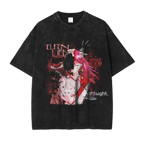 Anime Elfen Lied T Shirt Vintage Washed Y2K Manga Pattern Top Tees Oversized Short Sleeve DTG Printing T-shirt Man 100% Cotton