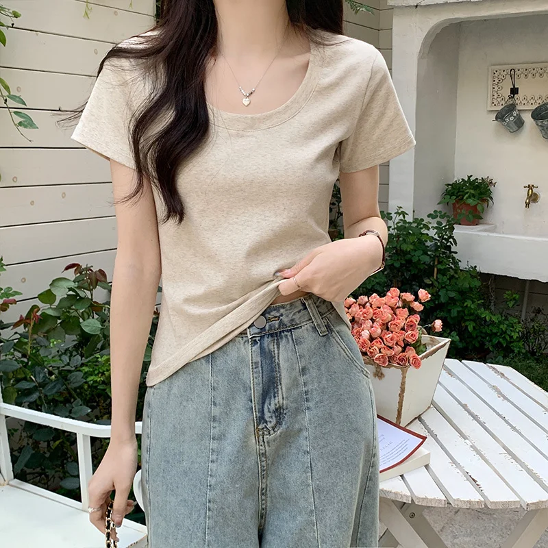 

U-neck Short T-shirt For Women Summer Slim Short Sleeve Cotton Slim Low Round Neck Basic Tees Tops Solid Color Simple Tshirt