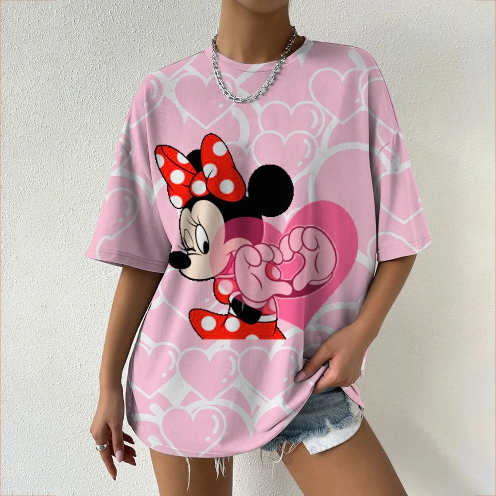 T-shirt a tema Disney Minnie Cartoon Series T-shirt Sweet Cool Street Summer T-shirt oversize da donna per adulti e bambini