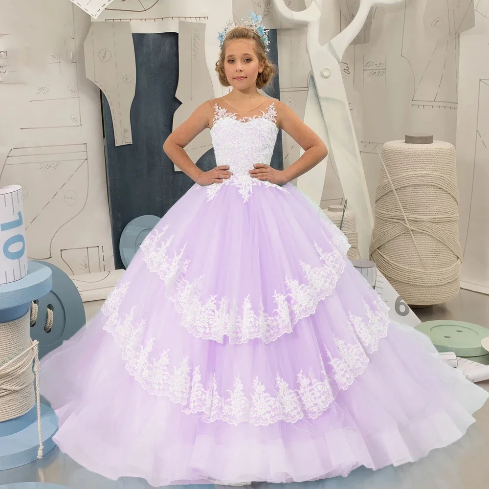 

Ball Gown Flower Girl Dresses For Weddings Girls Tiered Tulle Pageant Dress White Appliques First Holy Communion Party Gowns