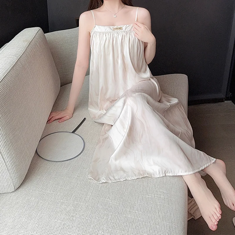 تنورة نوم على الطراز الفرنسي للنساء، سترة أنيقة، فستان طويل، بدون أكمام، حزام معلق، ملابس منزلية مريحة