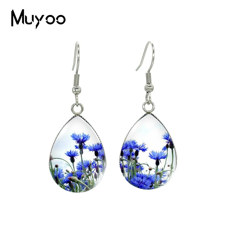 2023 New Wild Cornflowers Tear drop Earring Blue Cornflower Painting Fish hook Earrings Glass Cabochon Jewelry Handmade Items