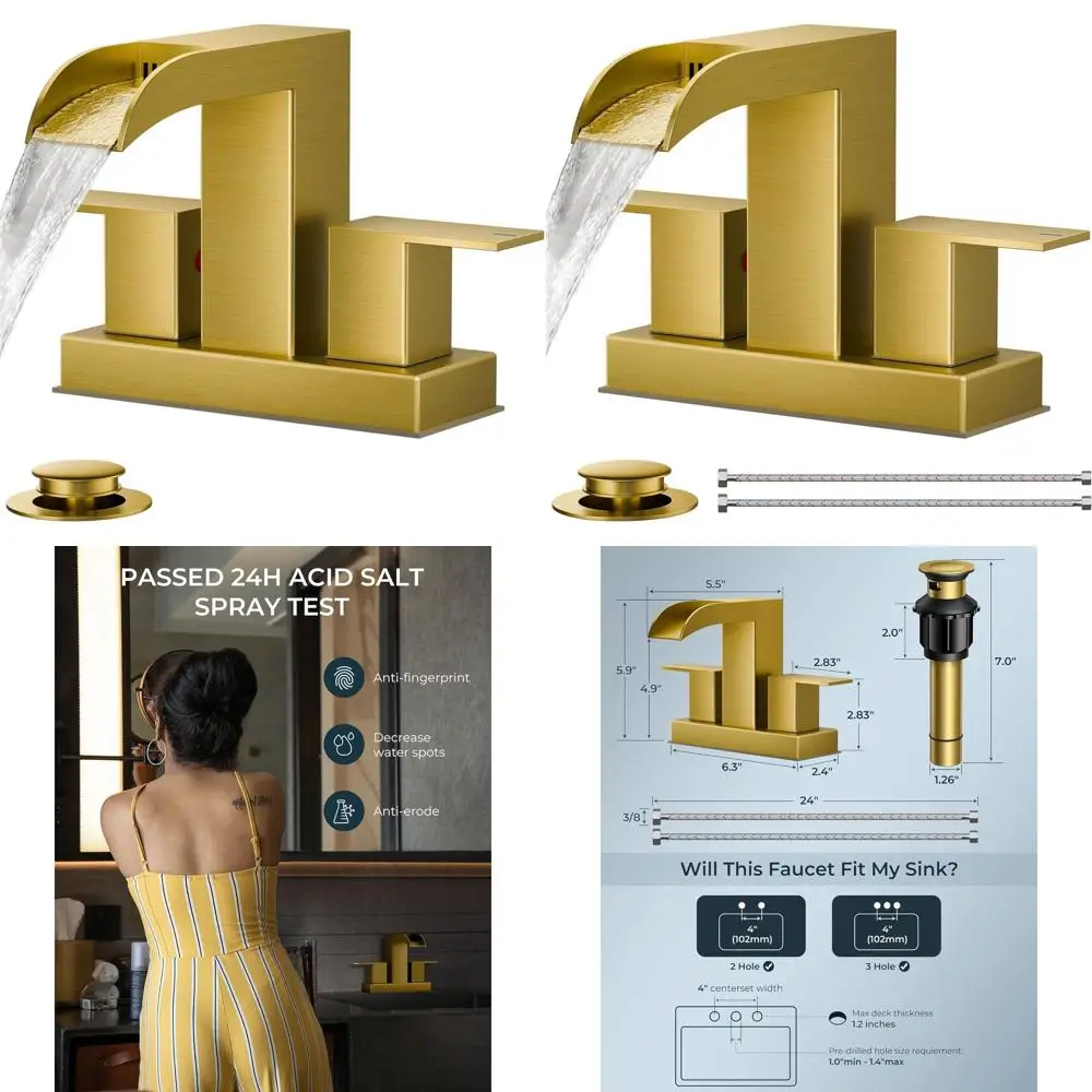 

Dual Handle Waterfall 4 Centerset Faucet in Brushed Gold with Pop-Up Drain and Supply Lines for 2-3 Hole Bathroom Sinks