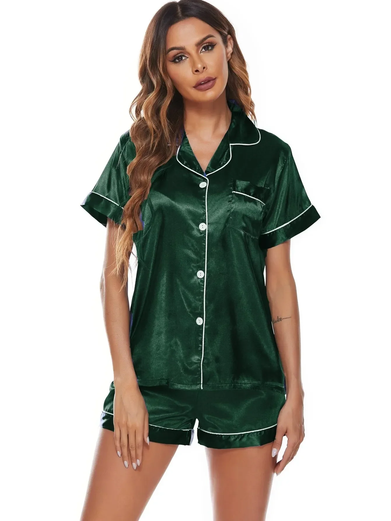 Dames Pyjama Sets Lente Zomer 2 Stuk Massief Pyjama Faux Zijde Satijn Nachtkleding Knopen Korte Mouw Pijama Mujer Pjs Homewear