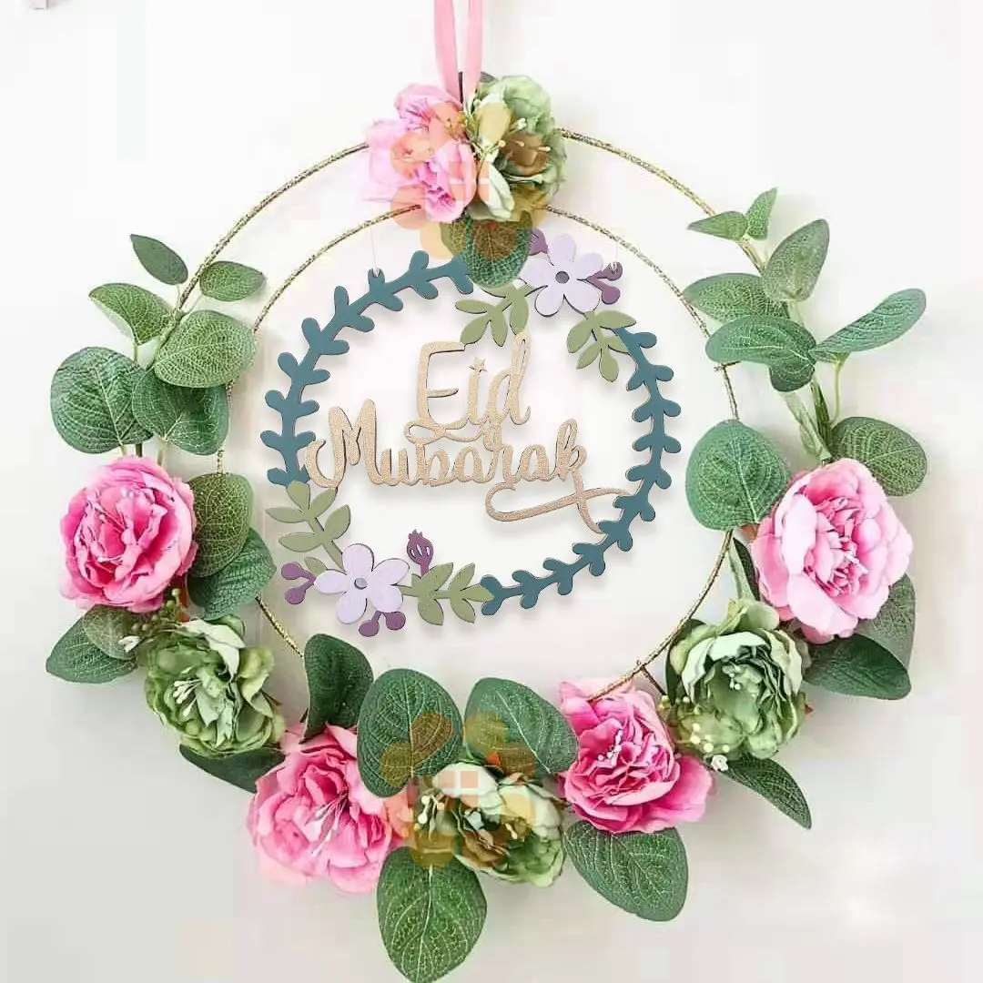 1pack Eid Mubarak Wooden Hollow Wreath Crafts with Metal Hoop for Ramadan Kareem Party DIY Wreath Decorations Muslim Supply