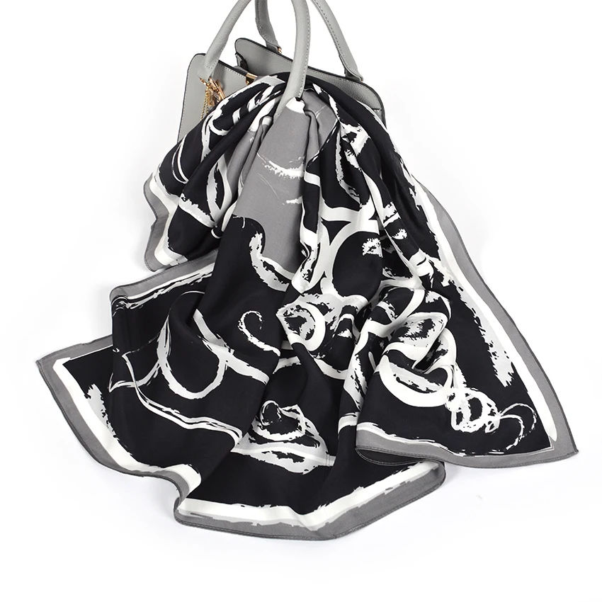 

[BYSIFA] Black White Scarves Women Elegant New 100% Silk Scarf Shawl Printed Fall Winter Ladies Brand Scarves Wraps 88*88cm
