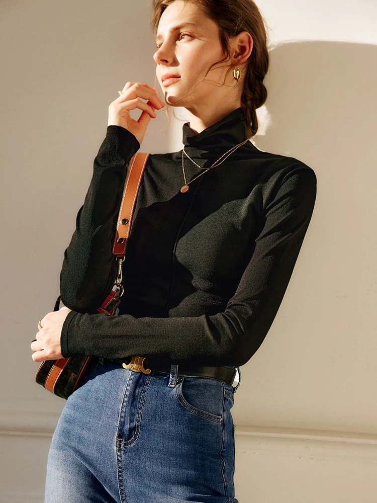 OLrain Slim Fit Turtleneck T-shirt for Women 2025 Autumn Black Fashion Knitted Long Sleeve Basic Soft Pullover Tops O21DM00302