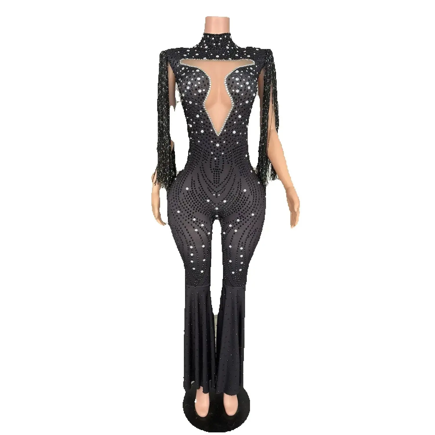 Czarny kombinezon z długimi frędzlami z dżetów, strój do klubu nocnego, dla DJ-a, do tańca na rurze, odzież damska do tańca jazzowego, strój na festiwal, odzież rave, XS10748