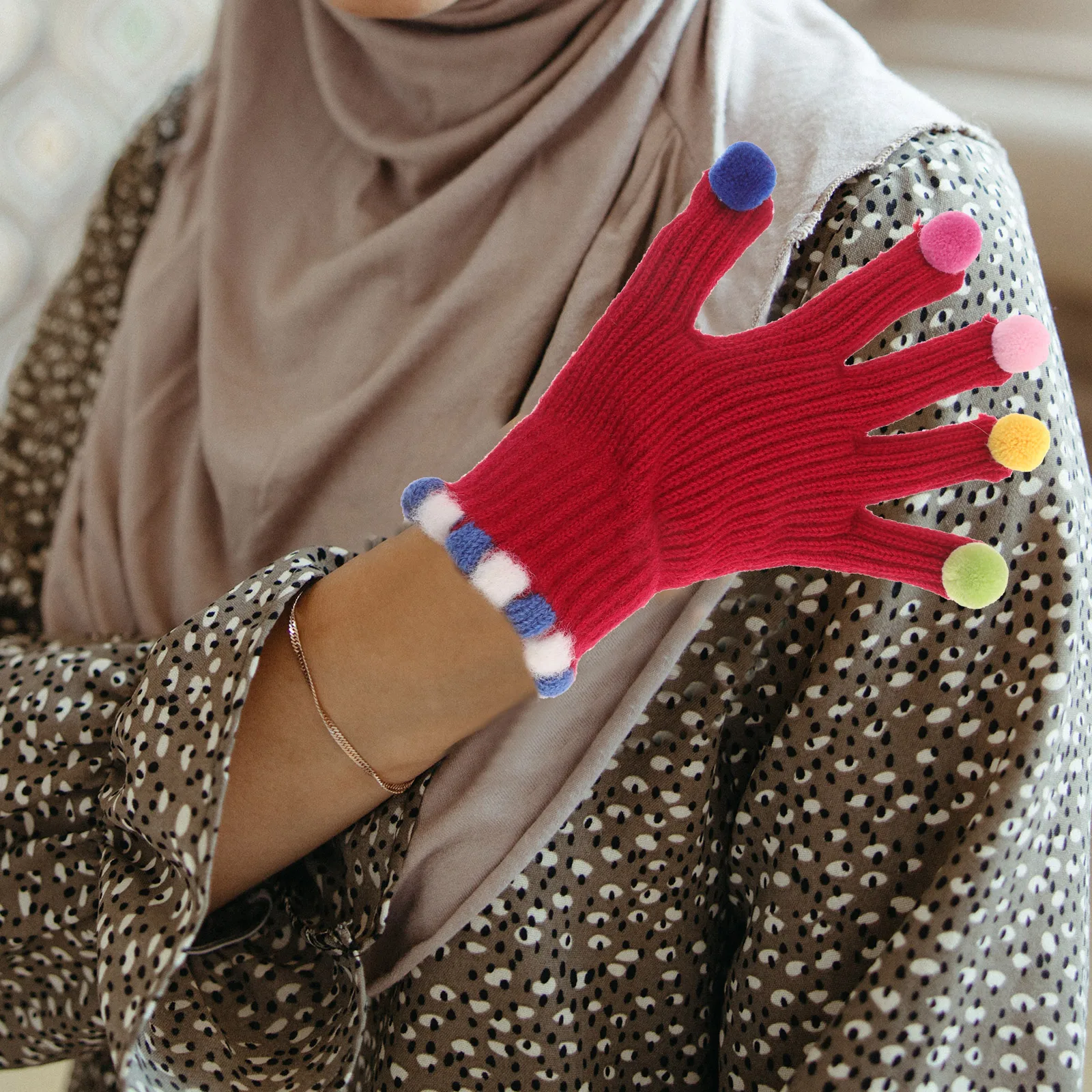 

Knitted Gloves Wool Ball Decoration Red Mittens Women Warm Winter Cycling Running Touchscreen Fleece Lined Fingerless