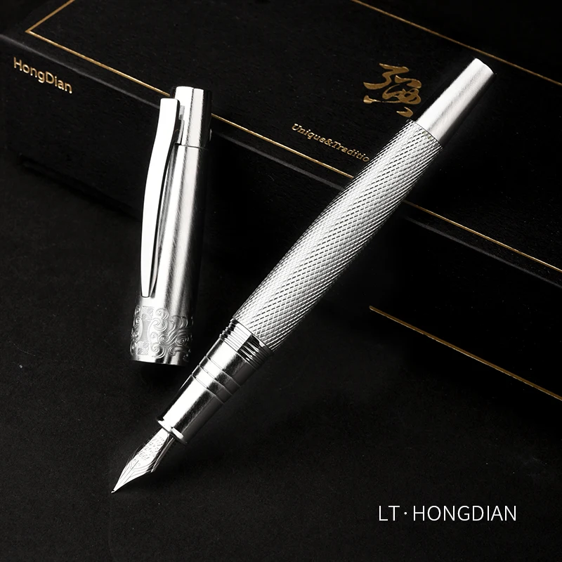 Hongdian 6013S Multi-point Brushed Grinding Vintage High-End Silver Carving Fountain Pen Iridium EF/F Nib For Gifts