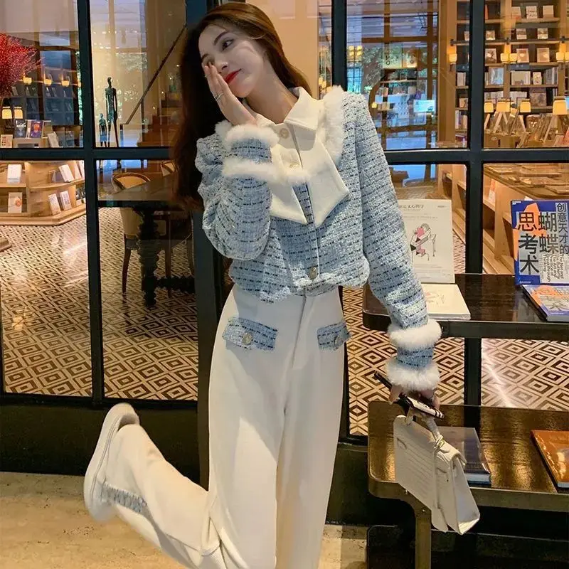 

Small fragrant style set women's autumn and winter new temperament slim and high-end coat+wide leg pants two-piece set