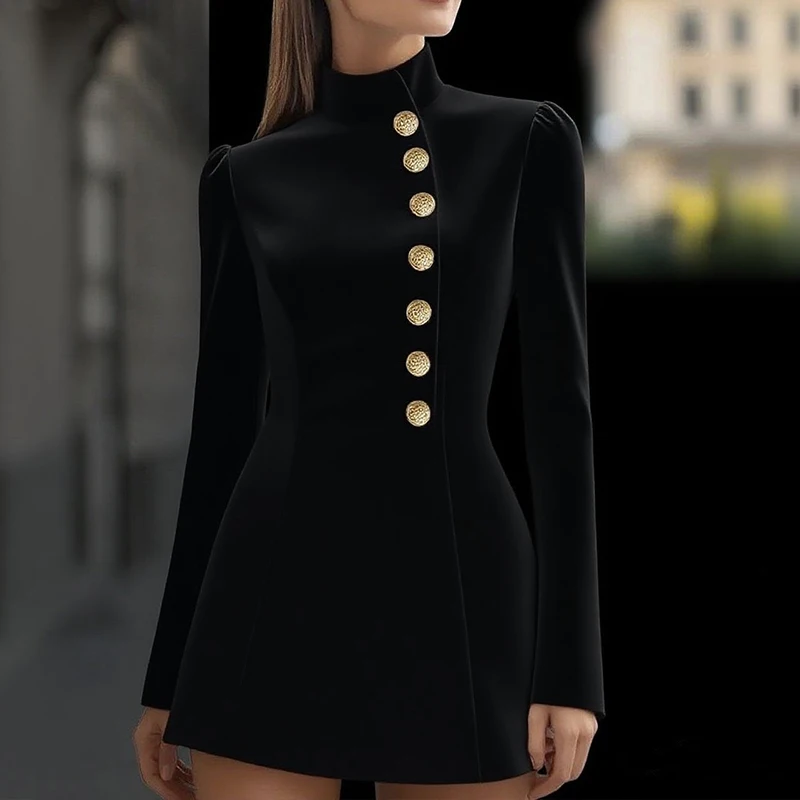Casual Solid Short Dress Autumn Women's Standing Collar Long Sleeved A-line Dress Women's Elegant Button High Waist Party Dress