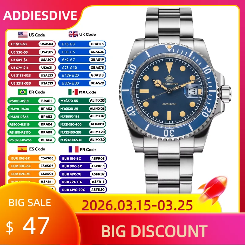 

ADDIESDIVE Luxury Quartz Watch Display Calendar 41mm Fashion Watches Stainless Steel 20Bar Dive Super Luminous AD2054 WristWatch