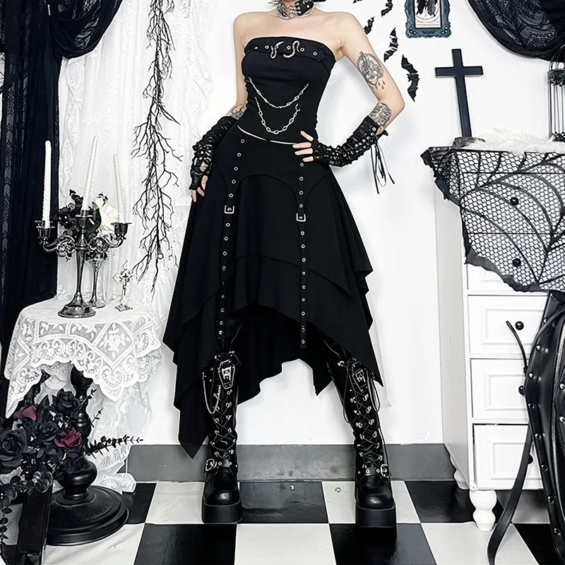 

Gothic Punk Style High Waist Irregular Skirt For Women Summer Street E-girl Y2K Steampunk Casual Pleated Long Skirts Streetwear