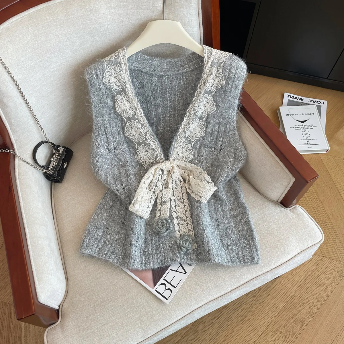 

Design Sensation 3D Floral Lace Splicing Knitted Vest Women Outerwear Winter Beautiful Svel Tank Top Commute Sle Cotton