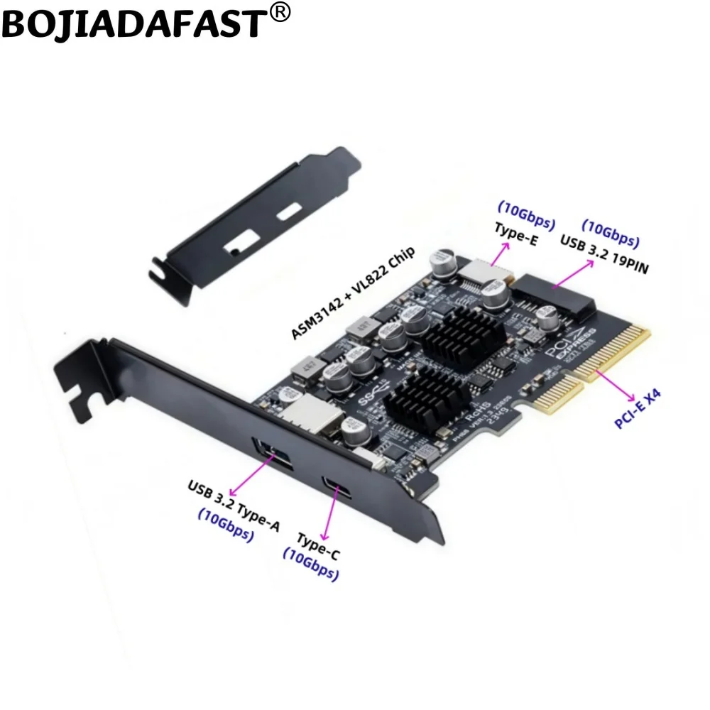 10Gbps USB 3.2 Type-A + Type-C + Type-E + 19PIN Connector to PCIe X4 PCI-E 4X Adapter Expansion Riser Card ASM3142 VL822