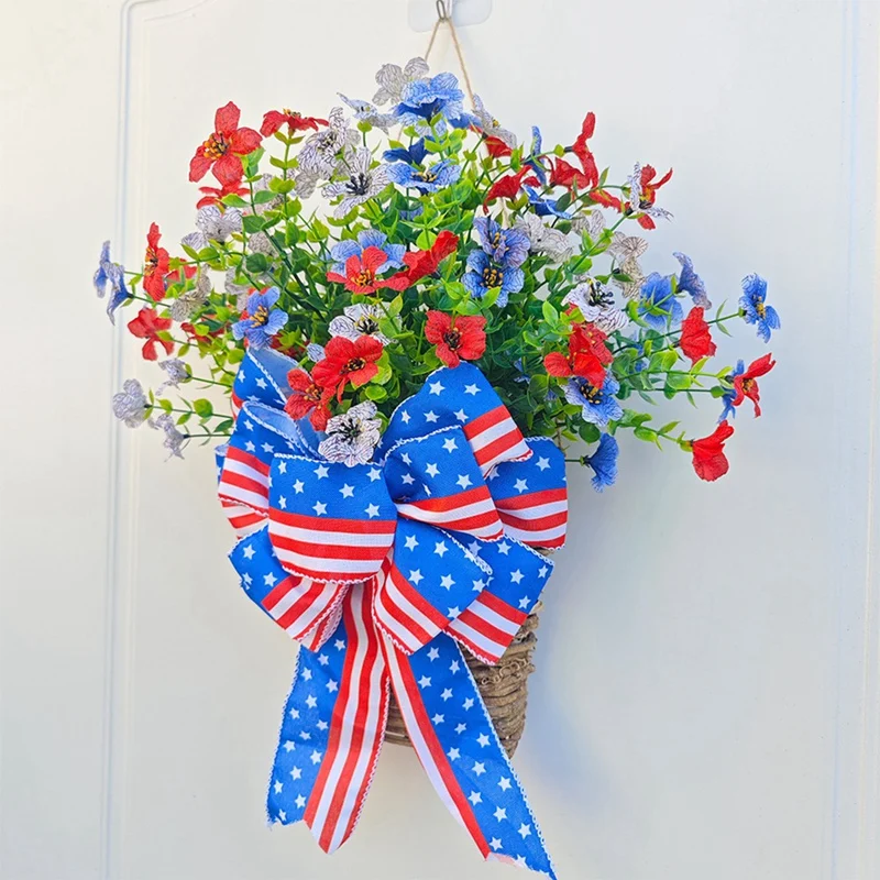 Patriotic Day Flower Basket Decoration For Front Door Independence Day 4Th Of July For Indoor Outdoor Red White Blue Easy To Use