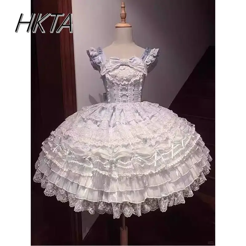 

Lolita Wedding Purple Mini Birthday Dress Spring Sweet Cute Flying Sleeve Print Pleated Ball Gown Lace Cake Princess Dress Women