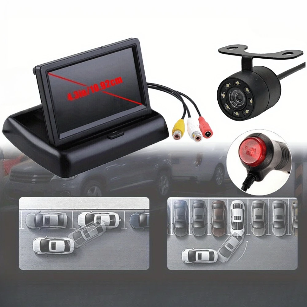 Car Rearview Backup Camera System with 8 LED Lights, Plug and Play,4.3-Inch Foldable Screen Backup Camera Kit