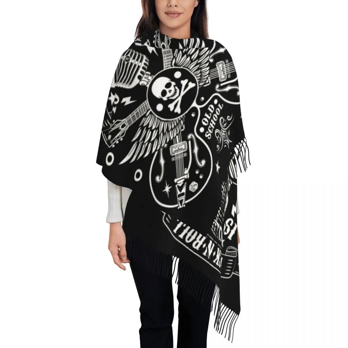 Rock Skull Rockabilly Bikers Retro Rockers Scarf Wrap Women Long Winter Fall Warm Tassel Shawl Unisex Scarves