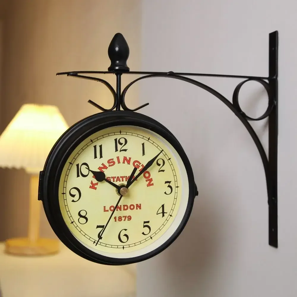 Double Sided Wall Clock High Quality Durable Retro Metal Clock Home Decor Garden Decoration Train Station