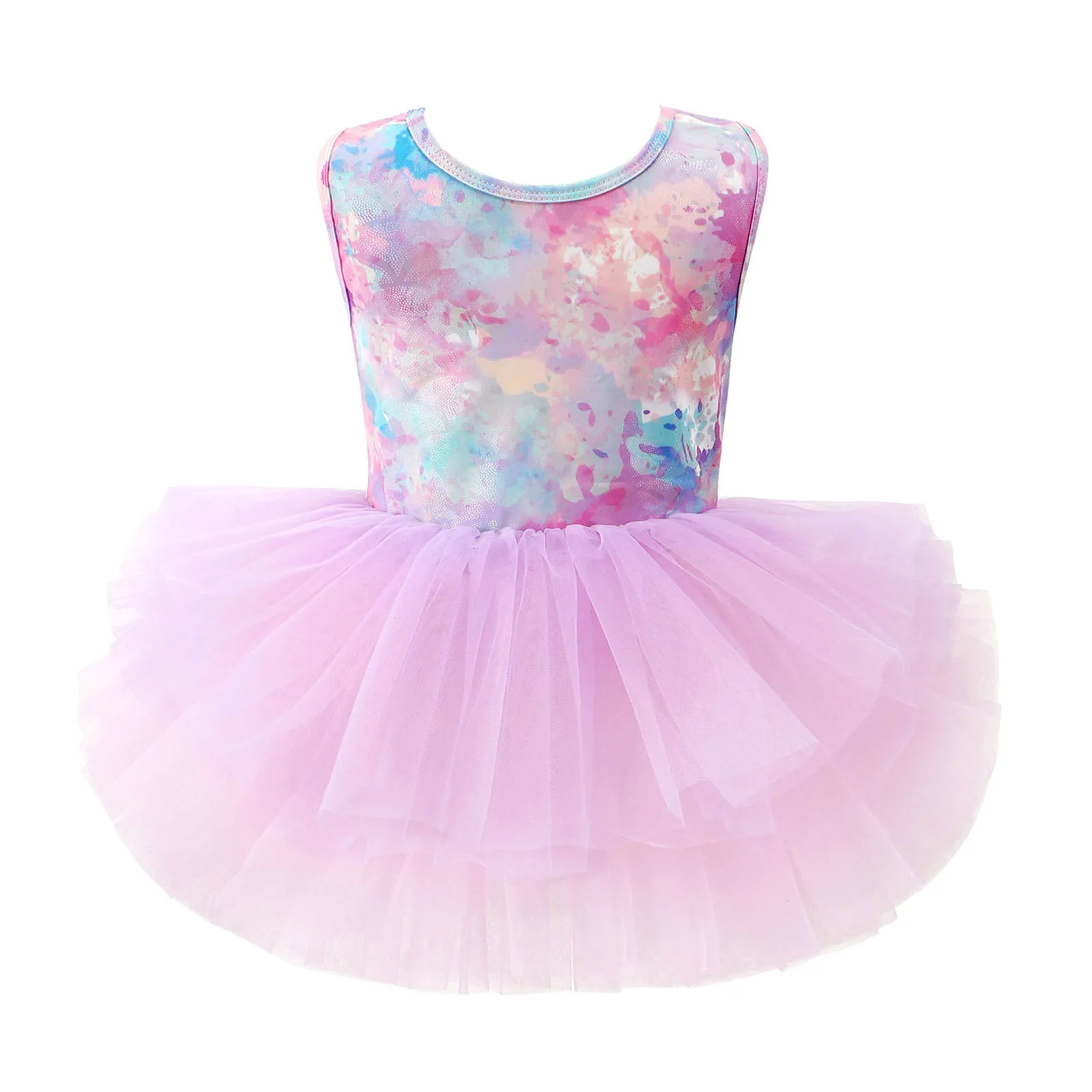 キッズガールズリリカルバレエダンスドレスプリントラウンドネックノースリーブチュチュチュールドレス体操ジャズダンスステージパフォーマンス用