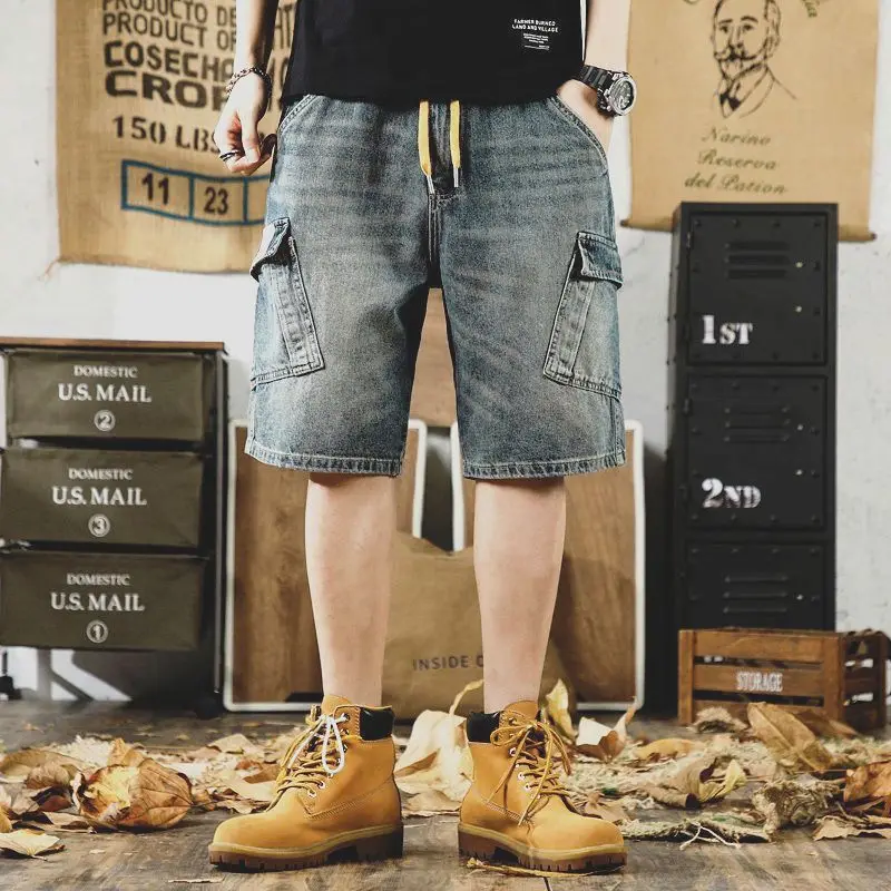 

Ретро повседневные джинсовые мужские летние тонкие свободные прямые шорты с пятью частями труда и множеством карманов