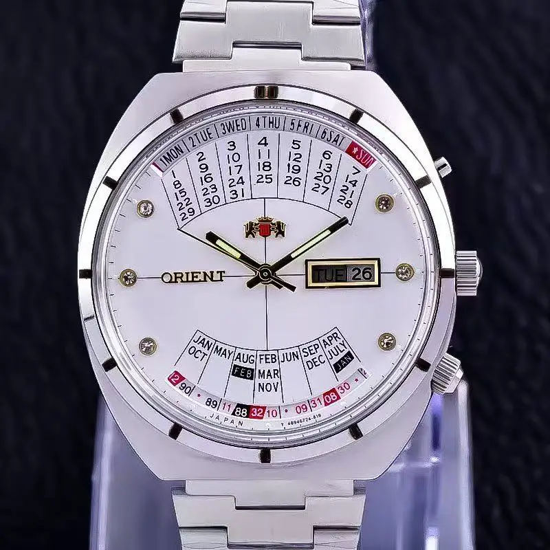 

automatic mechanical Orient unisex watch with rotating large dial, fully functional stainless steel world time