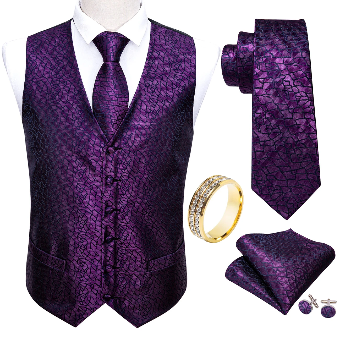 Purple Crack Pattern V-Neck Vest 5-In-1 Kit Tie Square Cufflinks Ring For Theme Party Stage Show