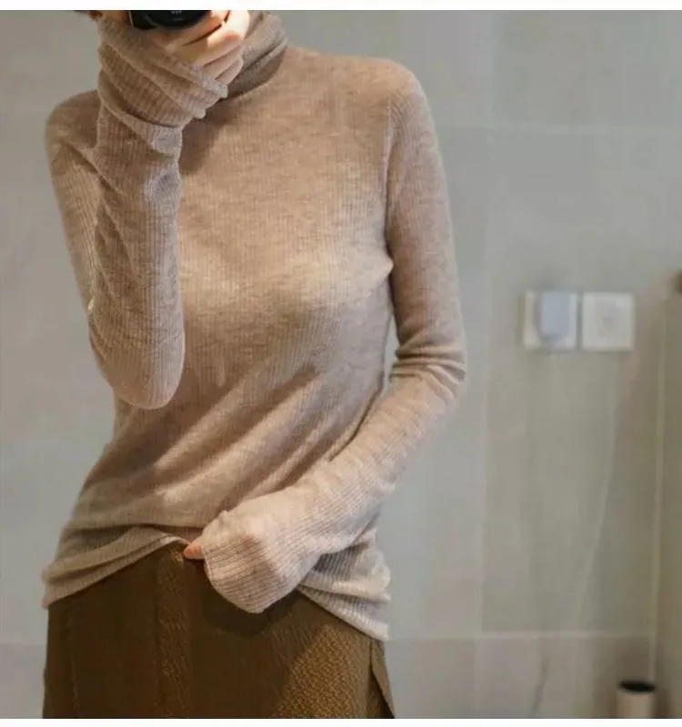 2023 New autumn/winter cashmere sweater women's turtleneck pullover ultra-thin pile neck sweater wool knit