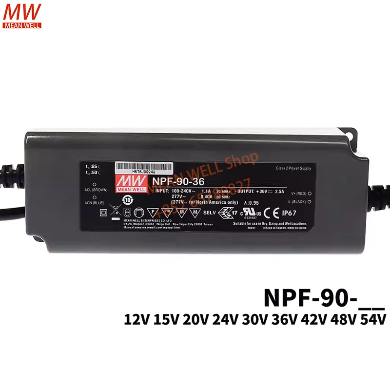 MEAN WELL Waterproof Power Supply NFP-90-12V15V24V36V42V48V54V 90W Constant Voltage + Constant Current LED Driver NPF-90-24