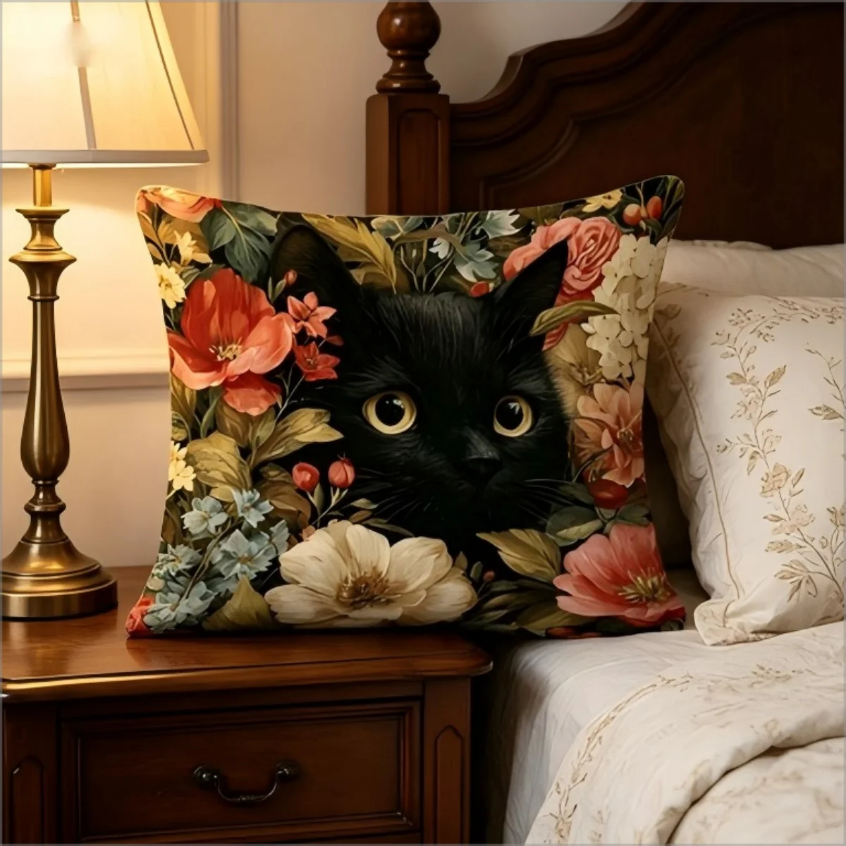 Vintage Floral Black Cat Throw Pillow Cover, Dark Academia Botanical Cat Art Print Decorative Cushion for Living Room Couch