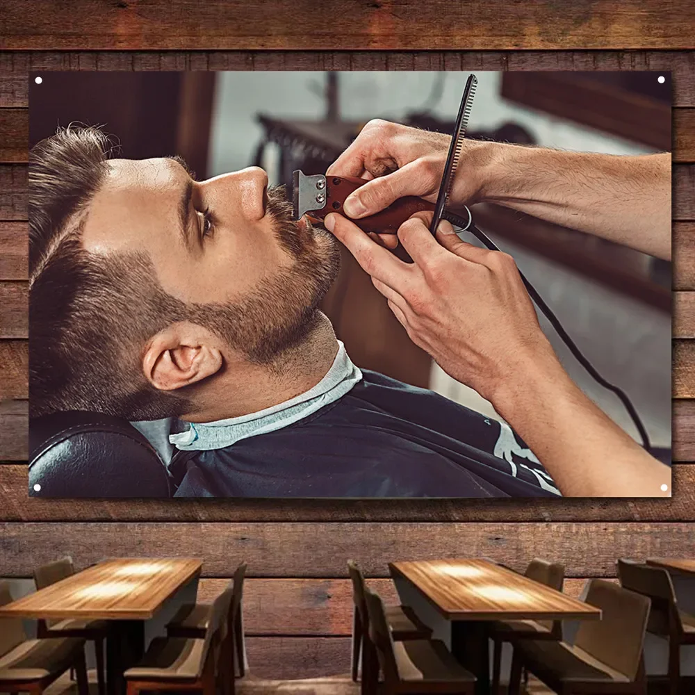 Rasieren und Haarschnitt-Banner, Wandbehang, Flagge, Haarstyling-Poster, Digitaldruck, Friseursalon, Wandkunst, Wandteppich, Innendekoration