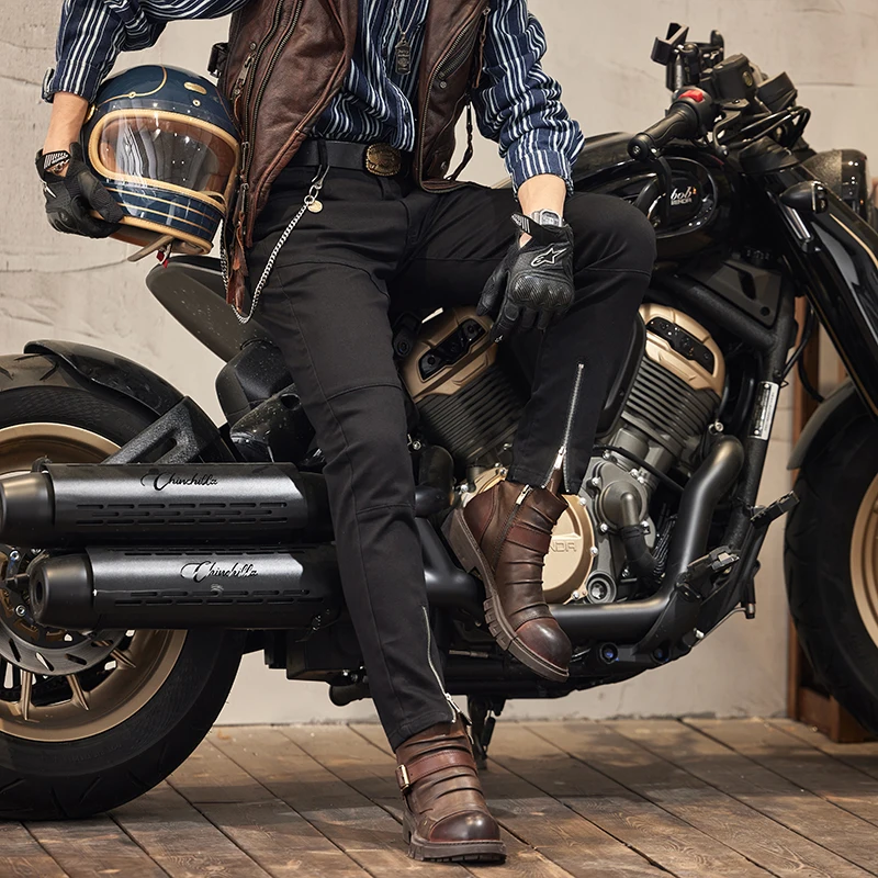 Motorcycle Jeans Men's Tight Stretch Casual Street Zipper Design Fashionable High-End Slim Fit Skinny Black Trousers