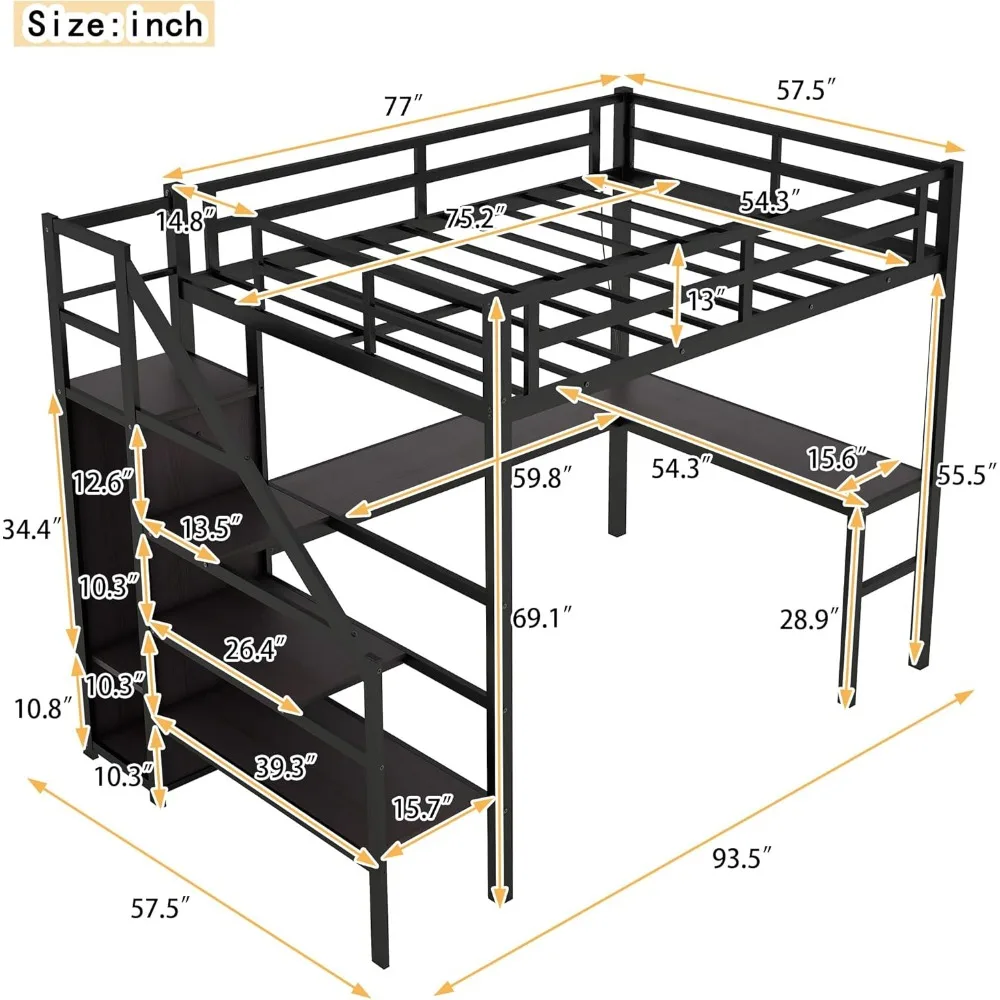 Full Size Metalen Loft Bed Met Bureau En Kledingkast Gaming Loft Bed Met Led En Usb Voor Kinderen Tieners, Lawaai Vrij, Geen Boxspring Nodig