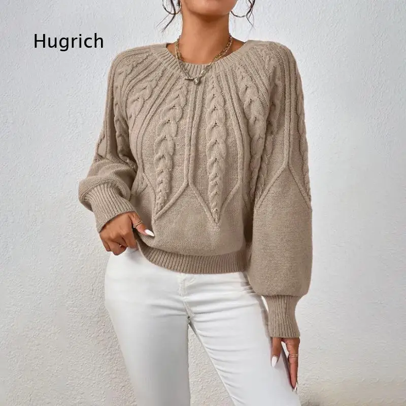 Women Round Neck Cable Twist Knit Pullover Solid Color Thread Texture Loose Sweater Soft Casual Knit Top For Autumn Winter Dail
