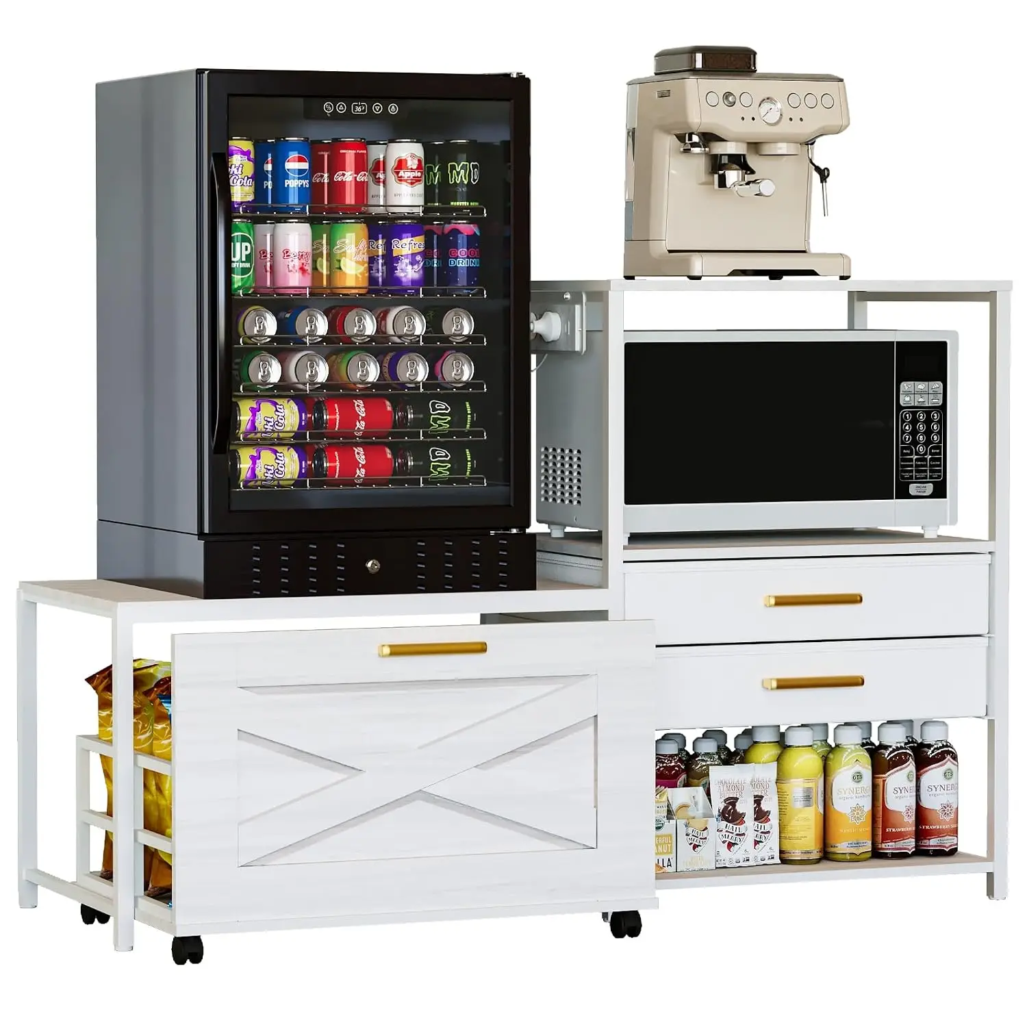 Mini Fridge Stand with Drawers & Outlet,  Baker Rack Cabinet Shelf for Home Dorm Office, White, Customized